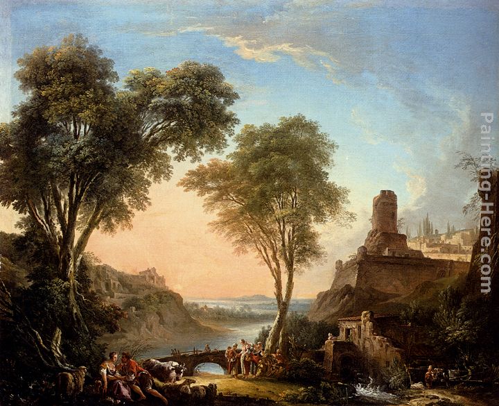 Figures Resting On The Banks Of A River, A Bridge In The Distance painting - Nicolas-Jacques Juliard Figures Resting On The Banks Of A River, A Bridge In The Distance art painting